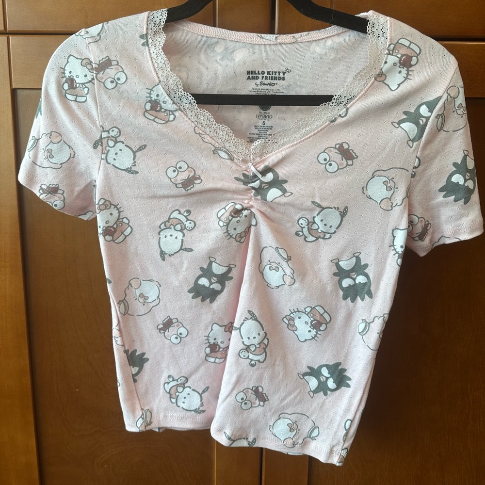 Hybrid Apparel Light Pink Lace-Trim V-Neck Tee